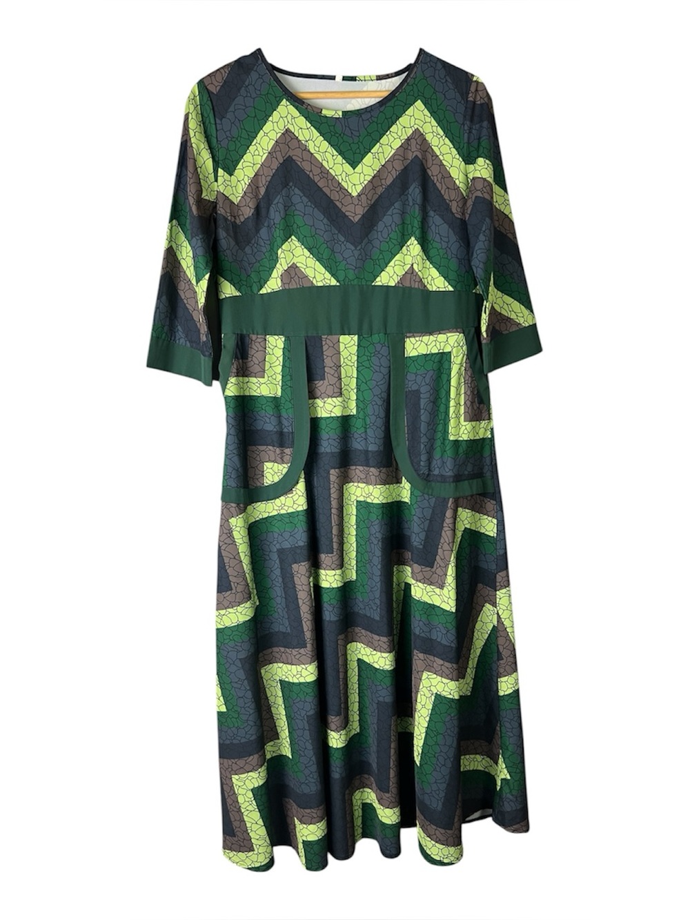 Retro Chevron Geometric Midi Dress 3/4 Sleeve Front Pockets Mod Green XL